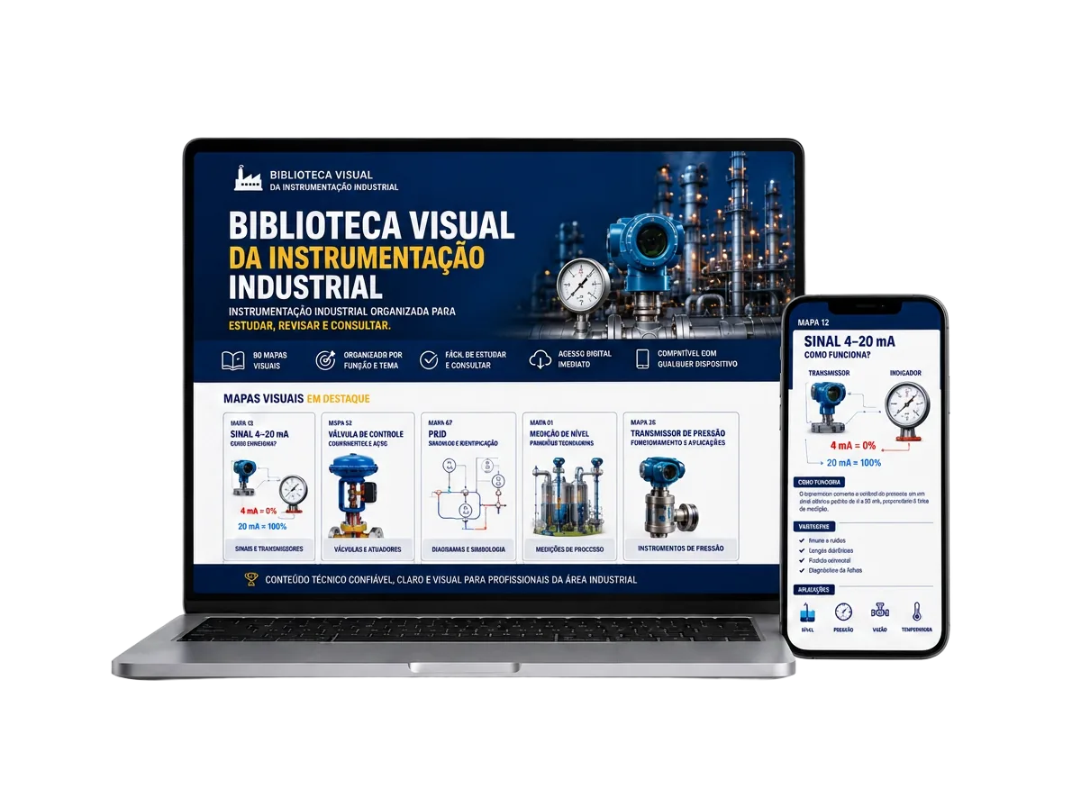 Biblioteca Visual da Instrumentação Industrial exibida em notebook e celular com mapas visuais em destaque